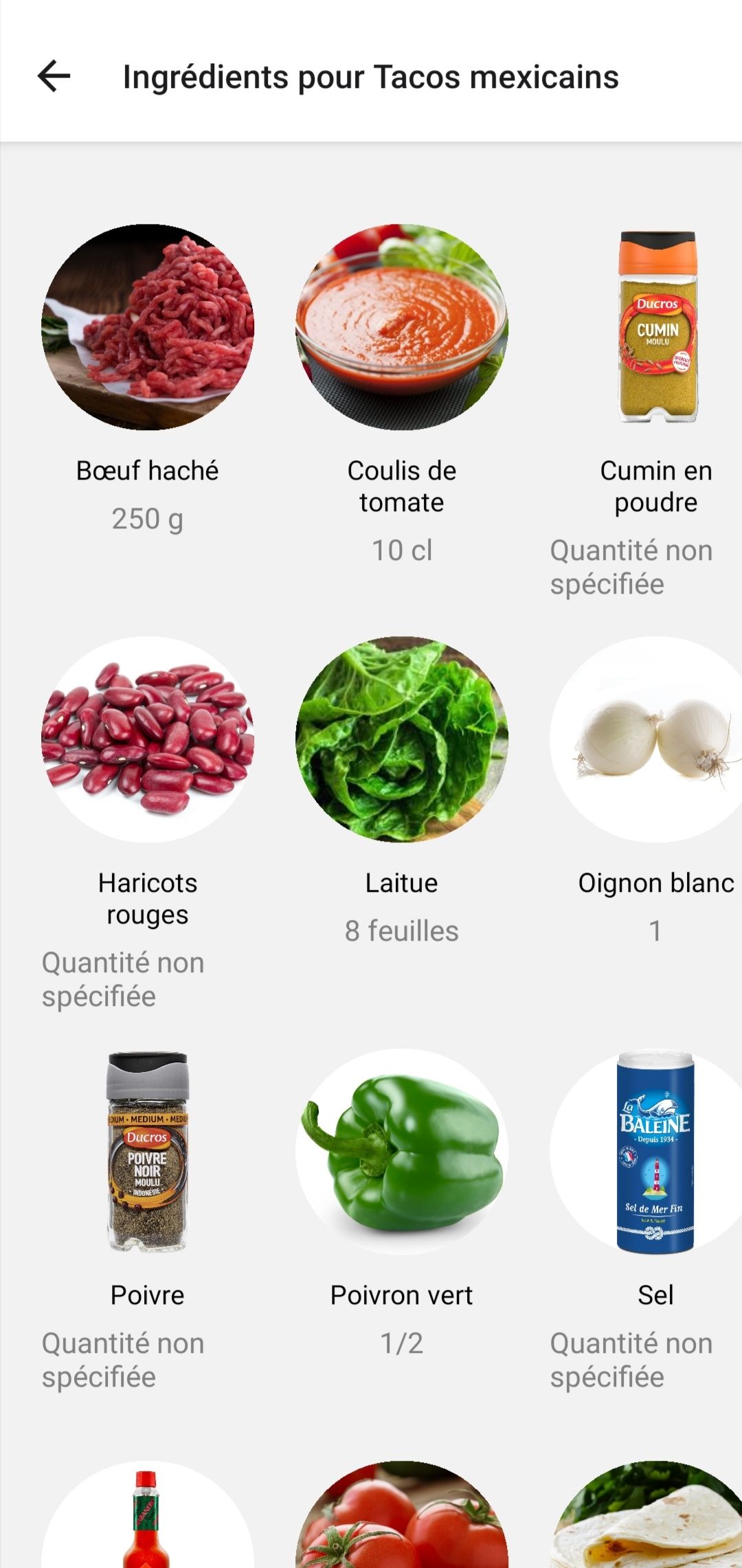 Aperçu page d'ingrédients